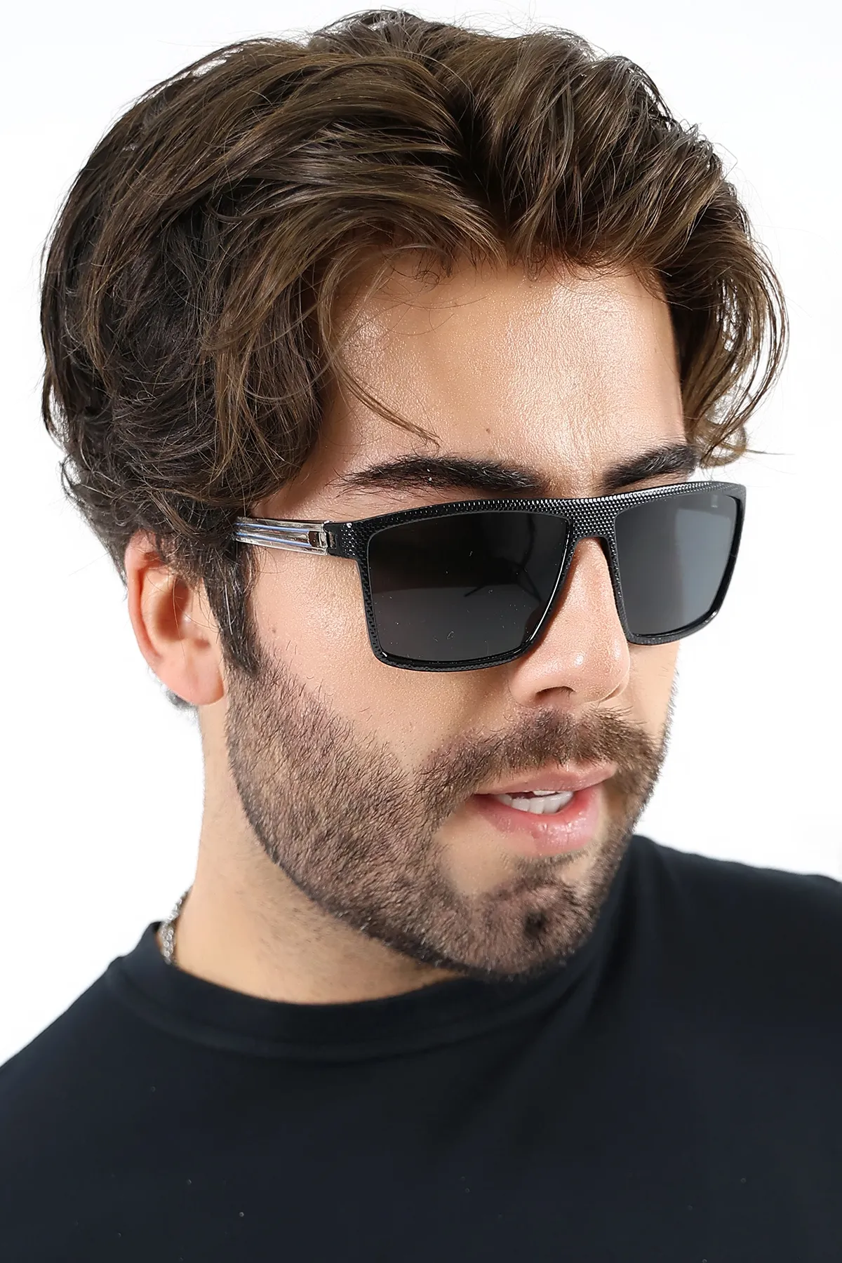 Erkek UV400 Siyah Kare Güneş Gözlüğü Gümüş Detay 25-11 C2 Erkek UV400 Siyah Kare Güneş Gözlüğü Gümüş Detay 25-11 C2
