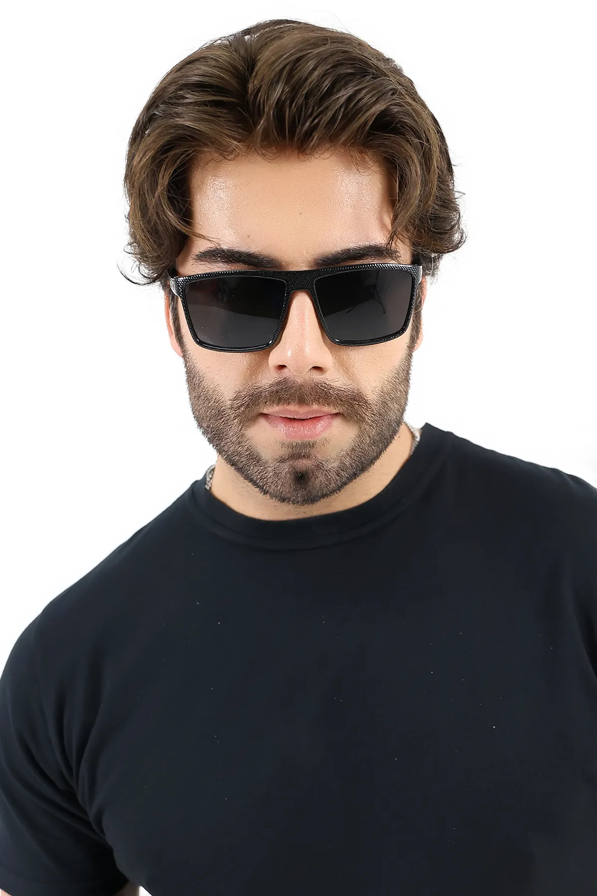 Erkek UV400 Siyah Kare Güneş Gözlüğü Gümüş Detay 25-11 C2 Erkek UV400 Siyah Kare Güneş Gözlüğü Gümüş Detay 25-11 C2