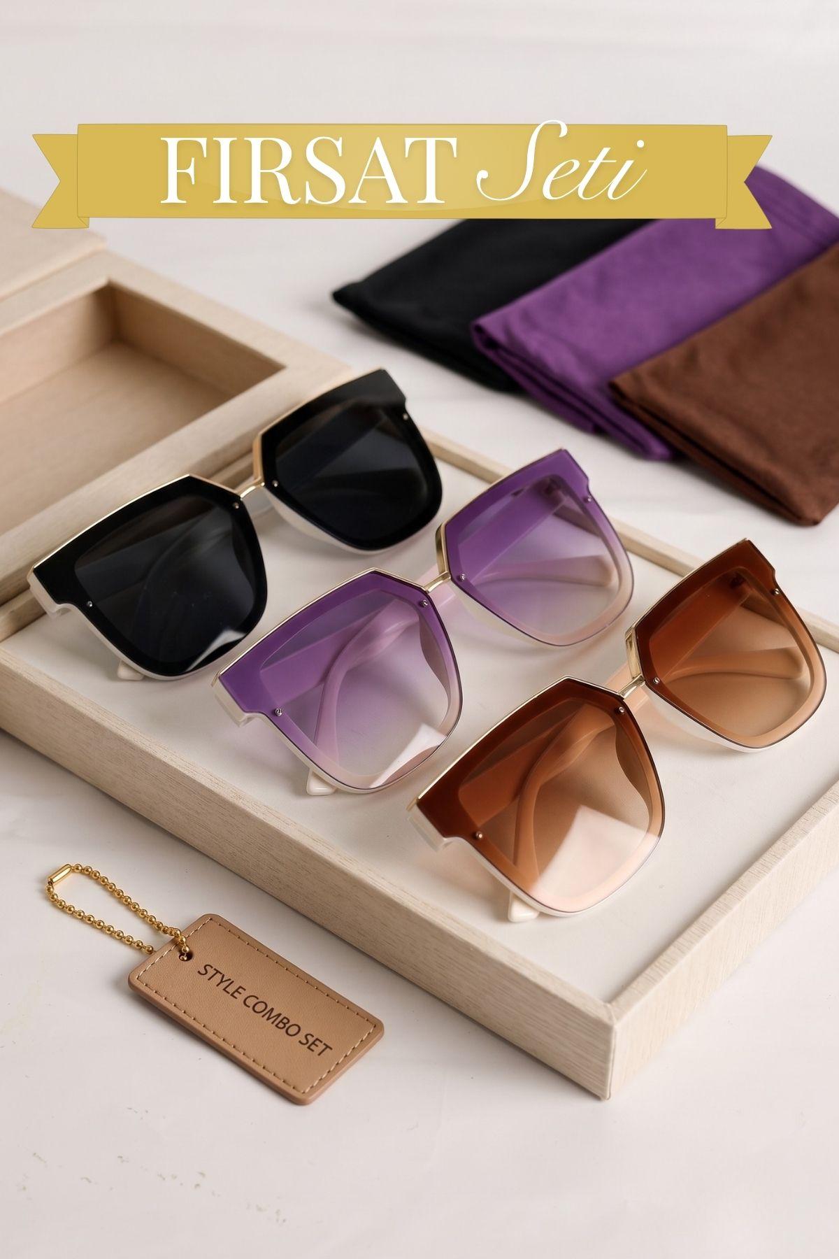 3lü Fırsat Seti Kadın UV400 Koruma Oversize Güneş Gözlüğü 23019-1-KÜÇÜK BOY