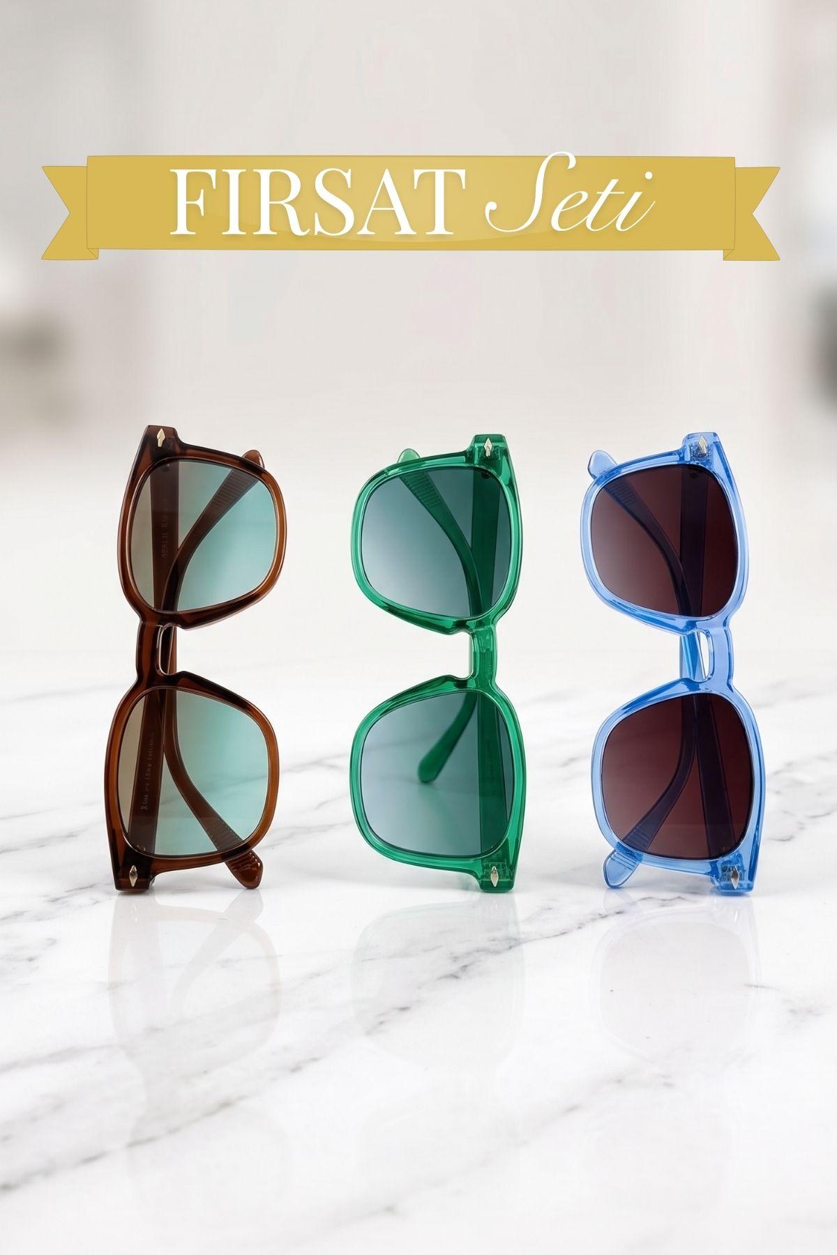 3lü Fırsat Seti UV400 Renkli Kadın Kare Güneş Gözlüğü 23043SET