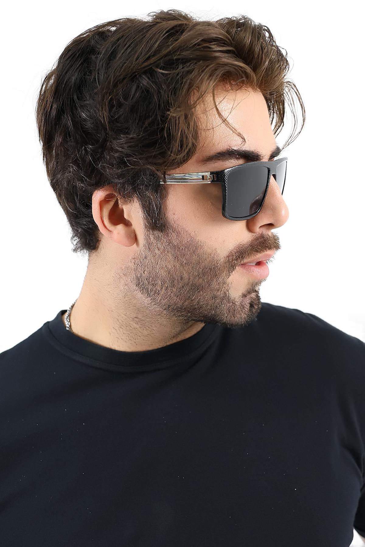 Erkek Siyah Kare UV400 Güneş Gözlüğü Gümüş Detay 25-11 C2