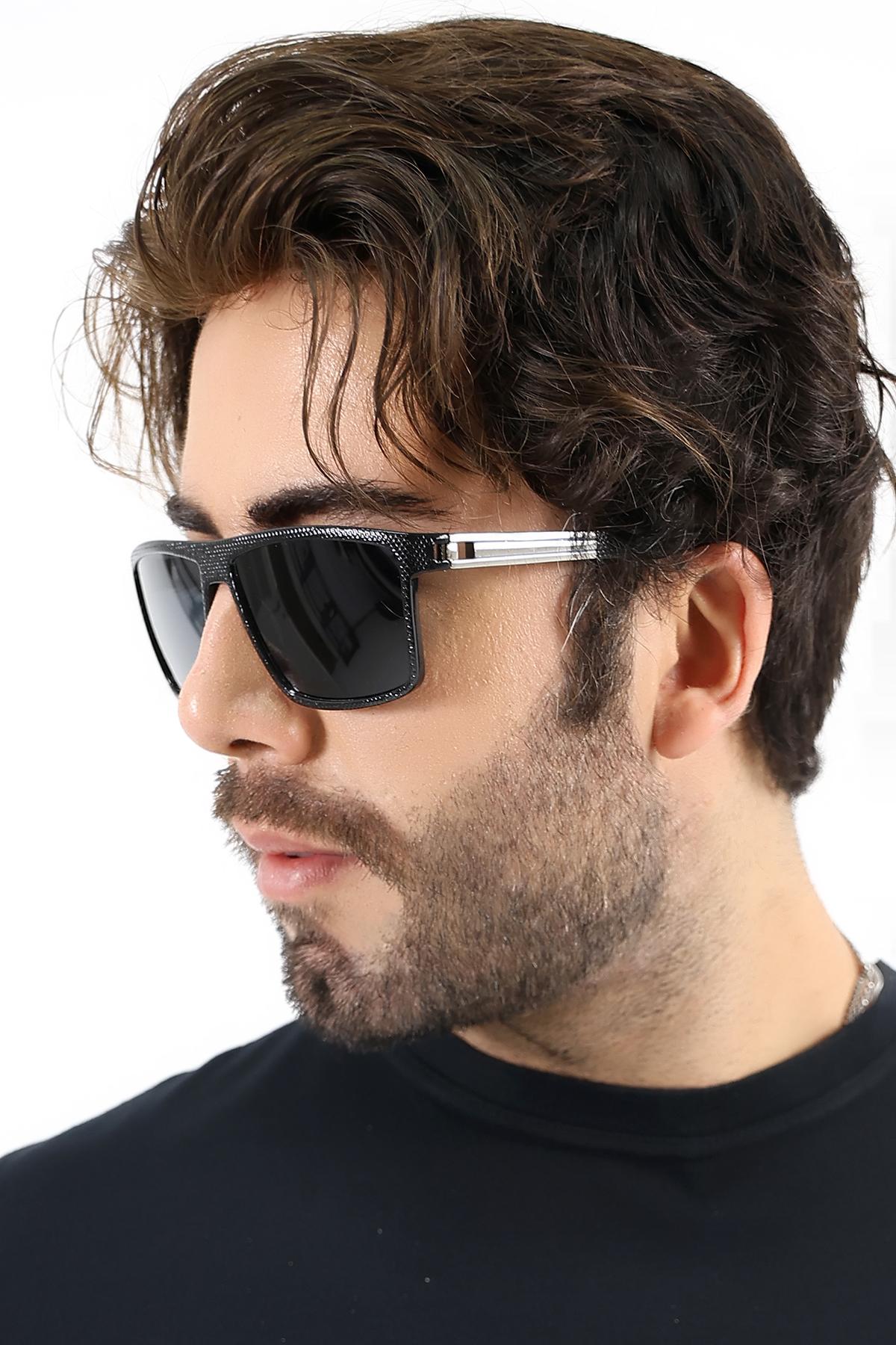 Erkek Siyah Kare UV400 Güneş Gözlüğü Gümüş Detay 25-11 C2