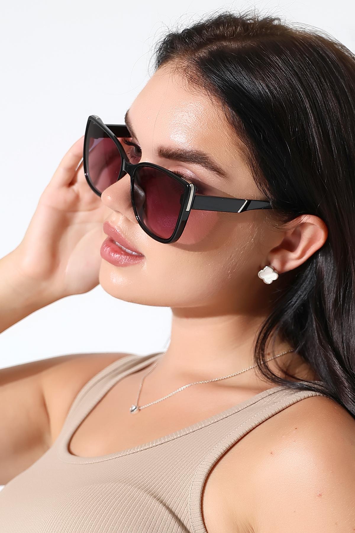 Kadın Siyah Gümüş Aksesuarlı Kelebek UV400 Güneş Gözlüğü 23058 C2 Parlak