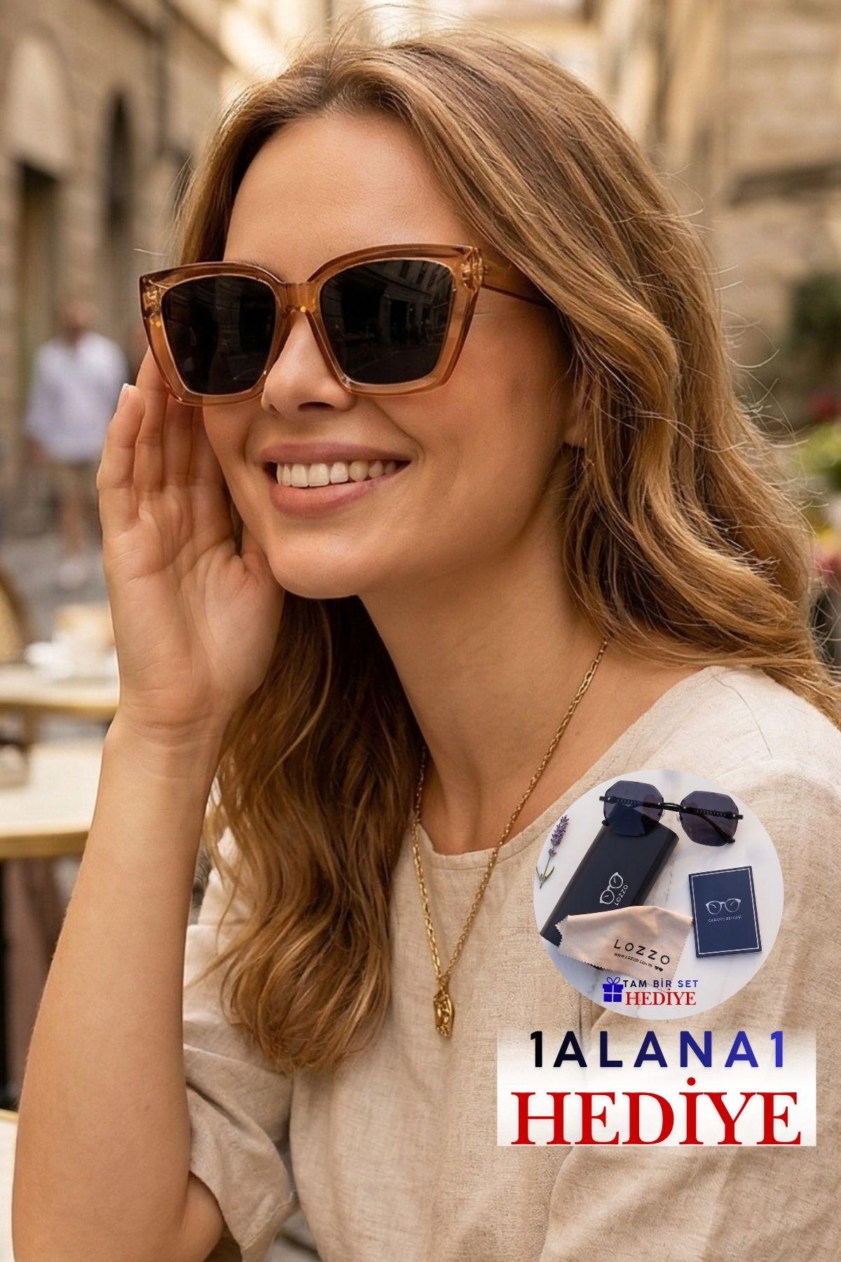 Kadın UV400 Oversize Cat Eyes Bal Nude Güneş Gözlüğü 23026 c4