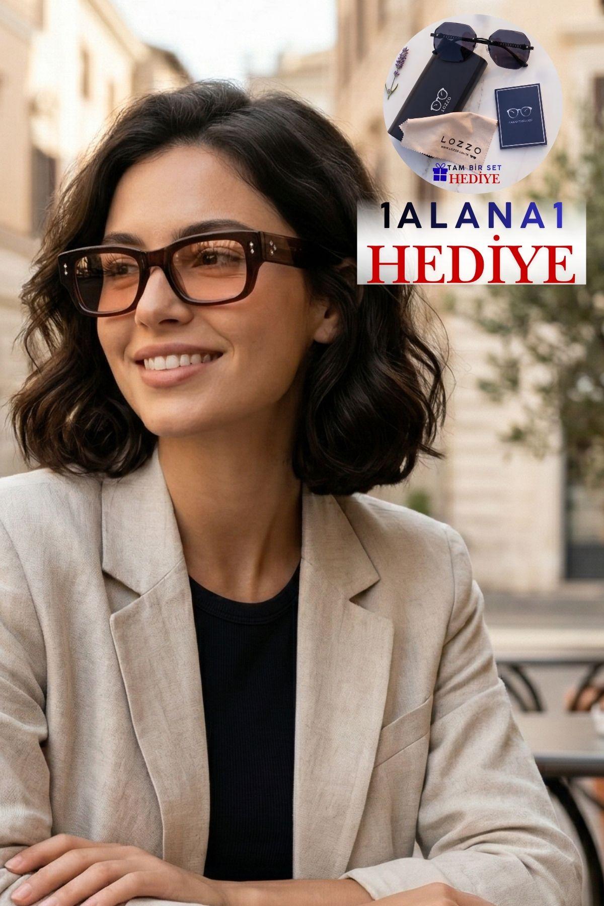 Kadın UV400 Dikdörtgen Kahverengi Güneş Gözlüğü 23032 c3 Açık Cam