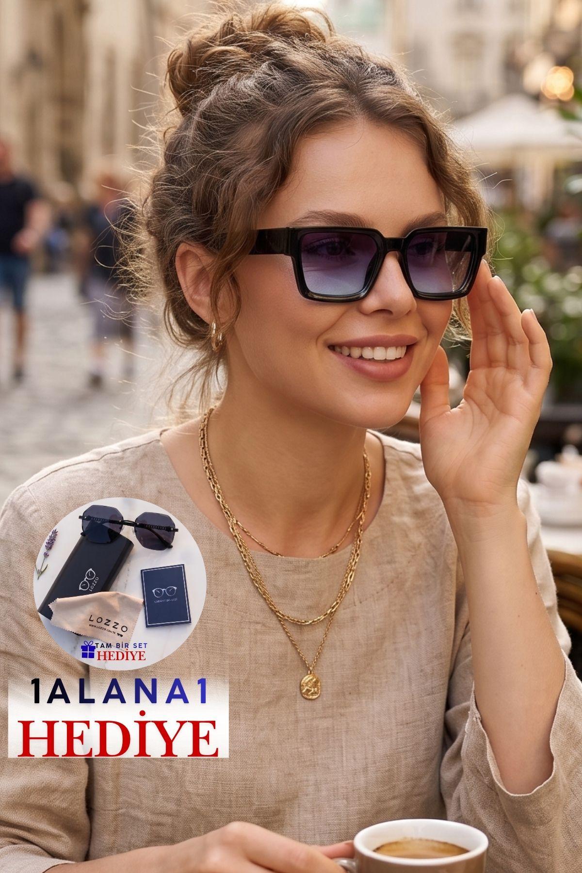 Kadın UV400 Kare Siyah Cam Güneş Gözlüğü 23022 c2 Açık Renk